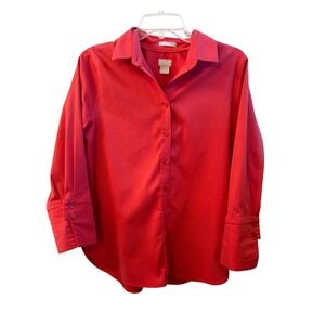 Chicos No Iron Button Down Shirt Coral 3/4 Sleeve Womens sz 0 (S)